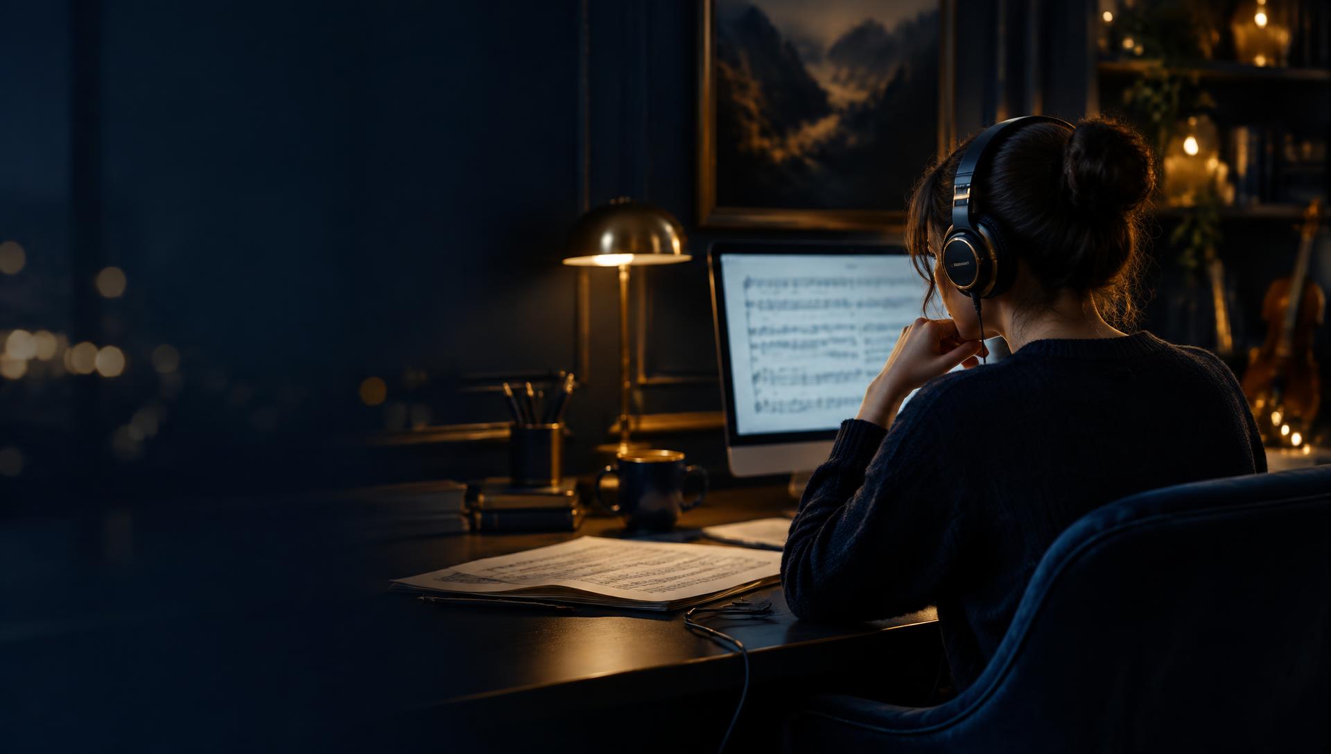 Aluna de fones de ouvido estudando música diante do computador